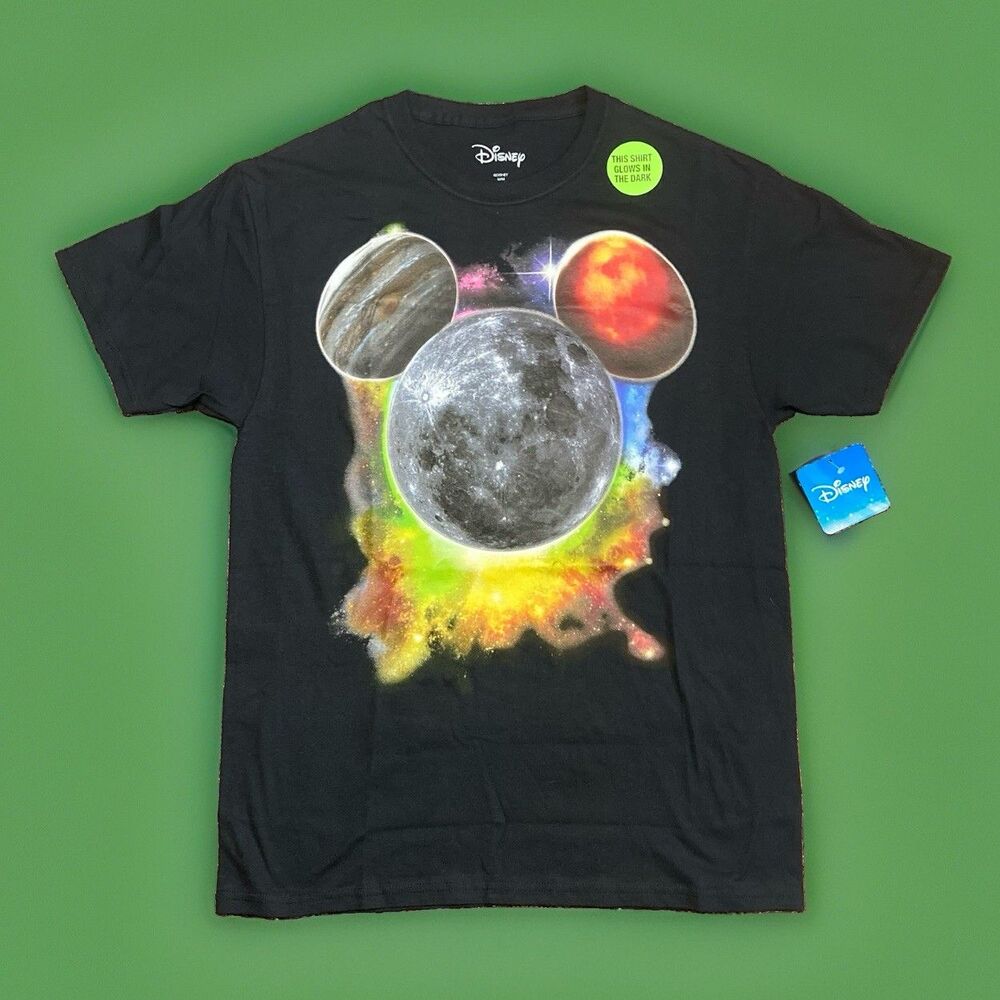 New! Disney Planet Mickey Glow in the Dark T-Shirt Black Shirt Size Medium